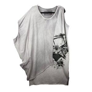 Luukaa Dress Gray Midi Lagenlook Art To Wear Vintage Stamps Graphic Asymmetrical